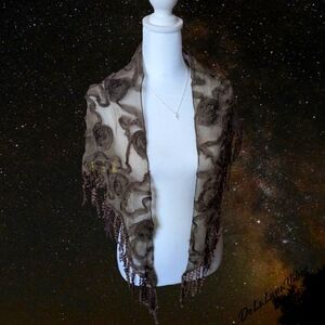 Delicate, Vintage, Fringe Shoulder Shawl, Brown with  Floral Appliques. Like New